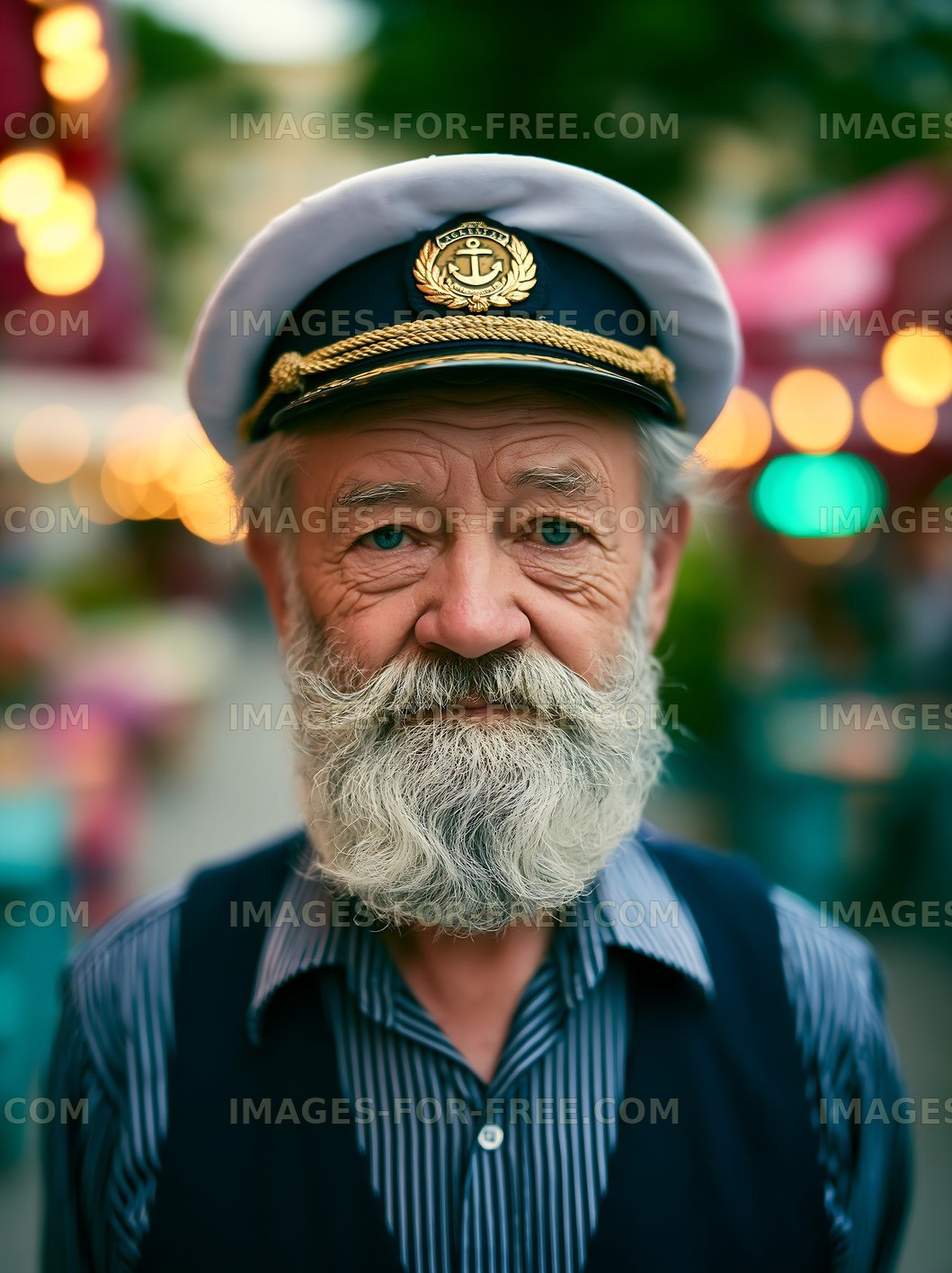 Old man wearing captain's hat in busy outdoor setting