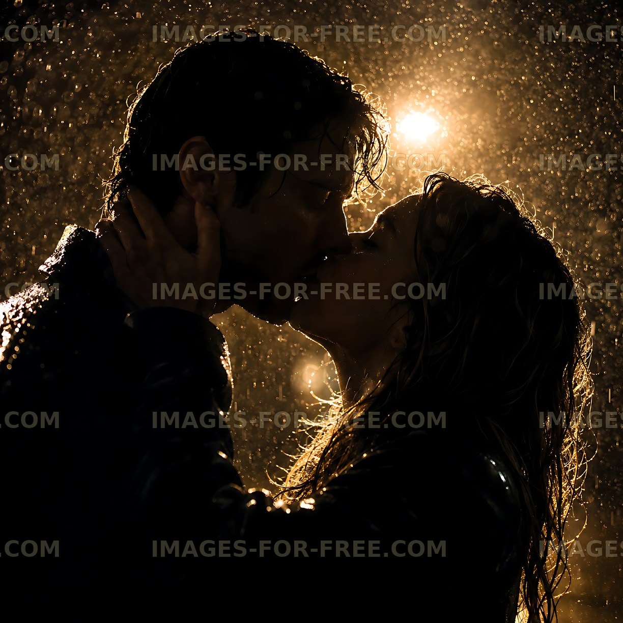 Couple kissing in the rain under streetlamp at night