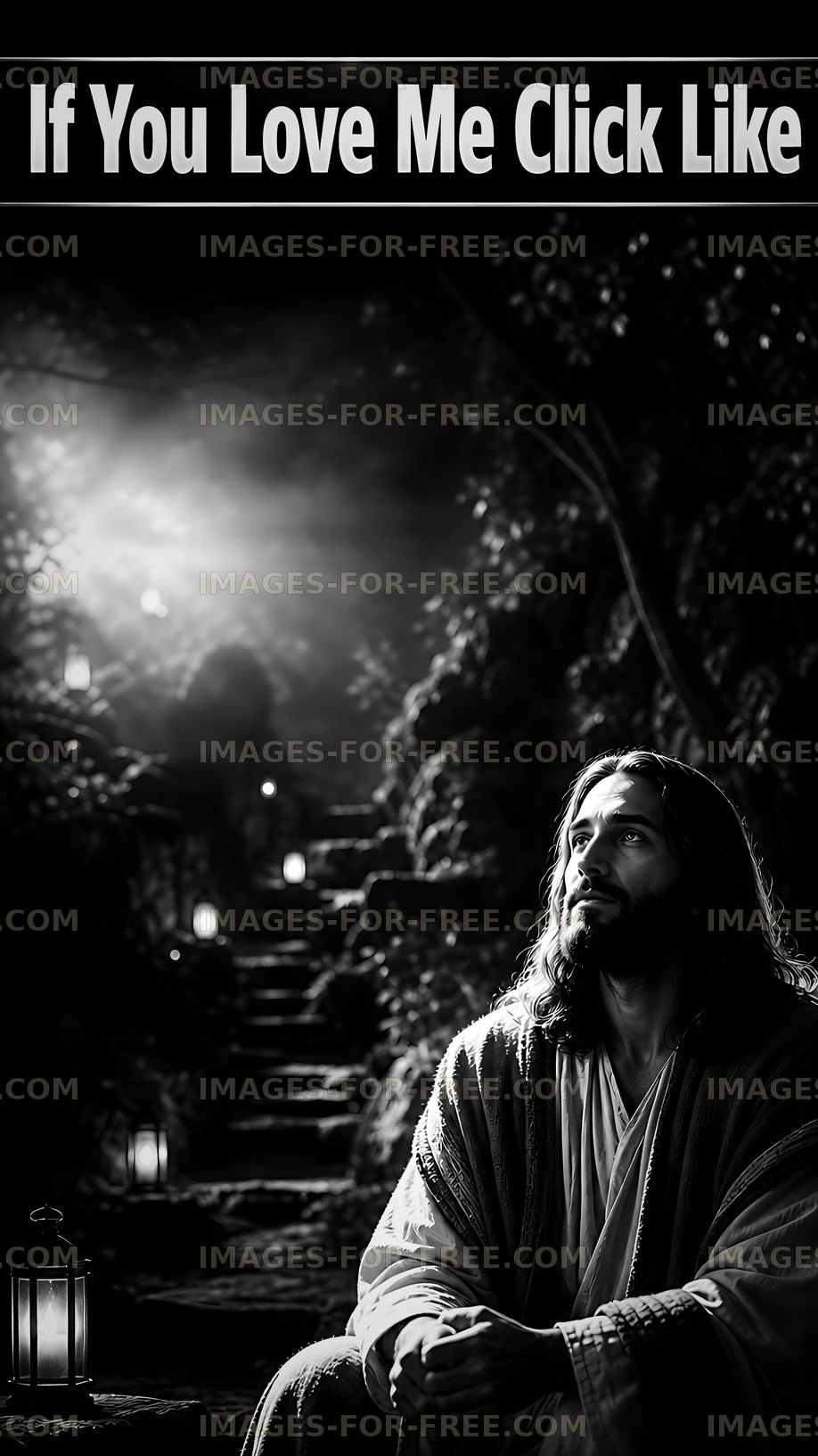 Man sits in contemplation on a stairway with glowing lanterns