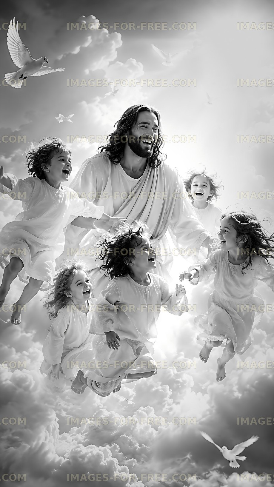 Children playing with Jesus in a cloud-filled sky