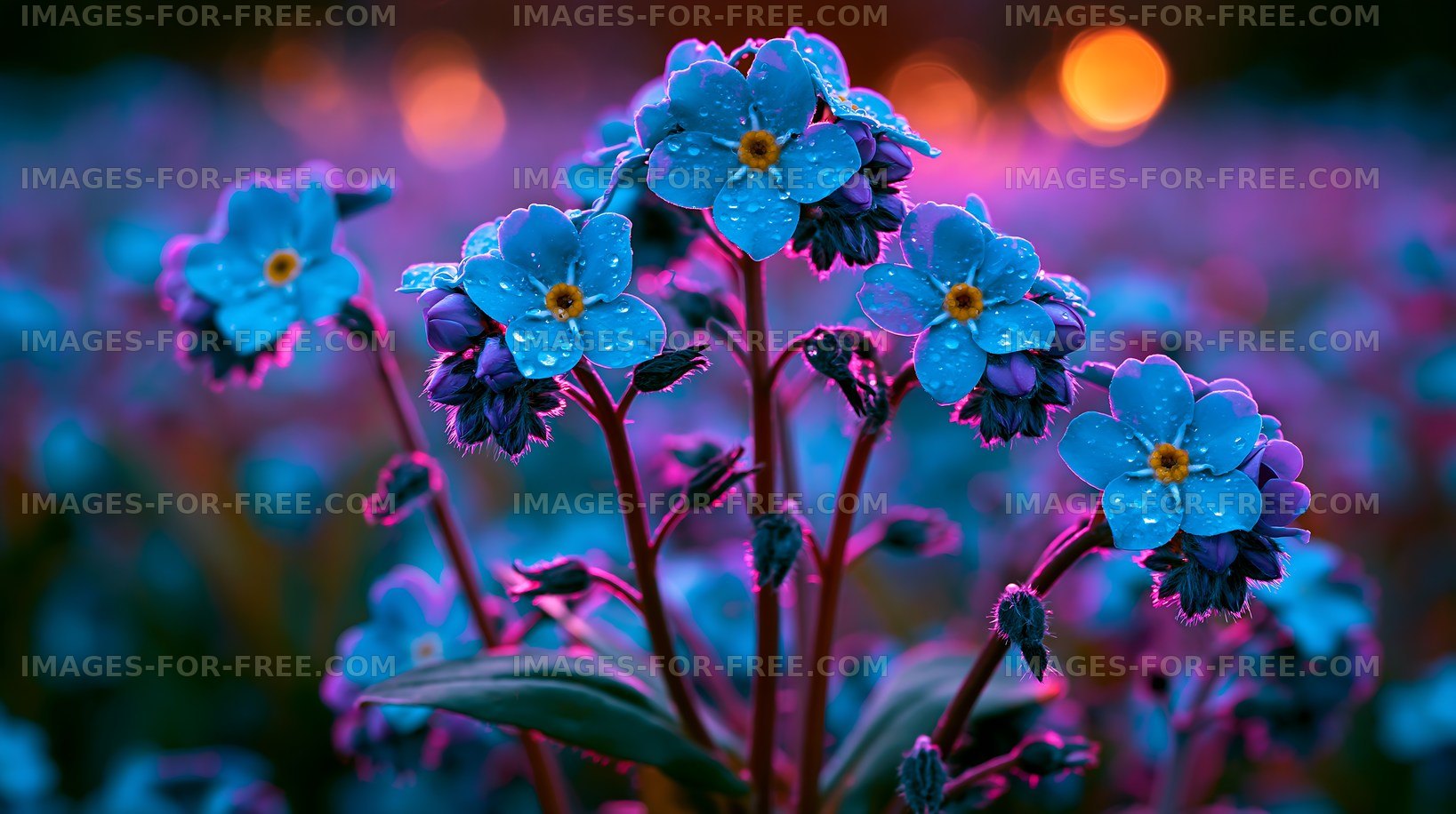Vibrant blue flowers with water droplets in soft evening light