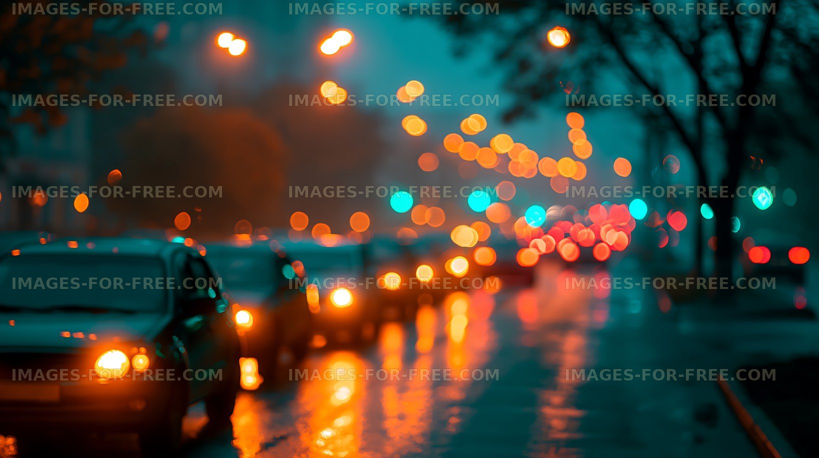 Traffic lights shine at night during rain