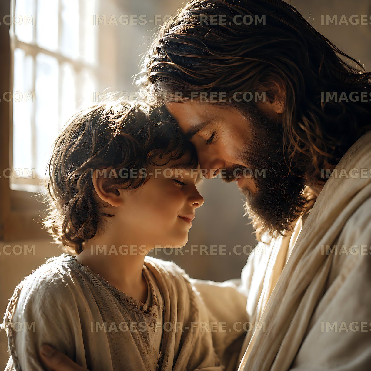 Father and son share a moment in a sunlit room