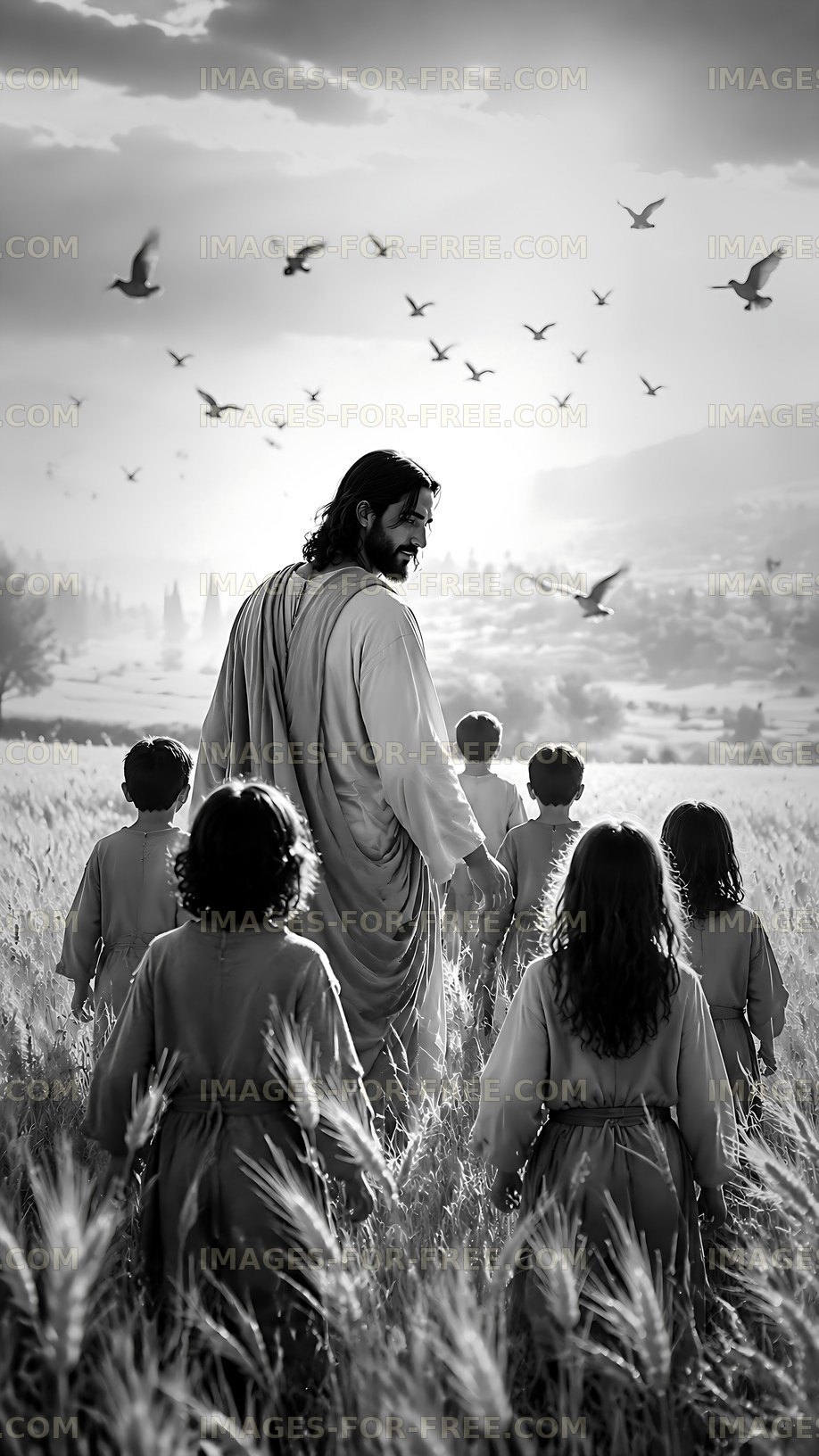 Jesus walking with children in a wheat field