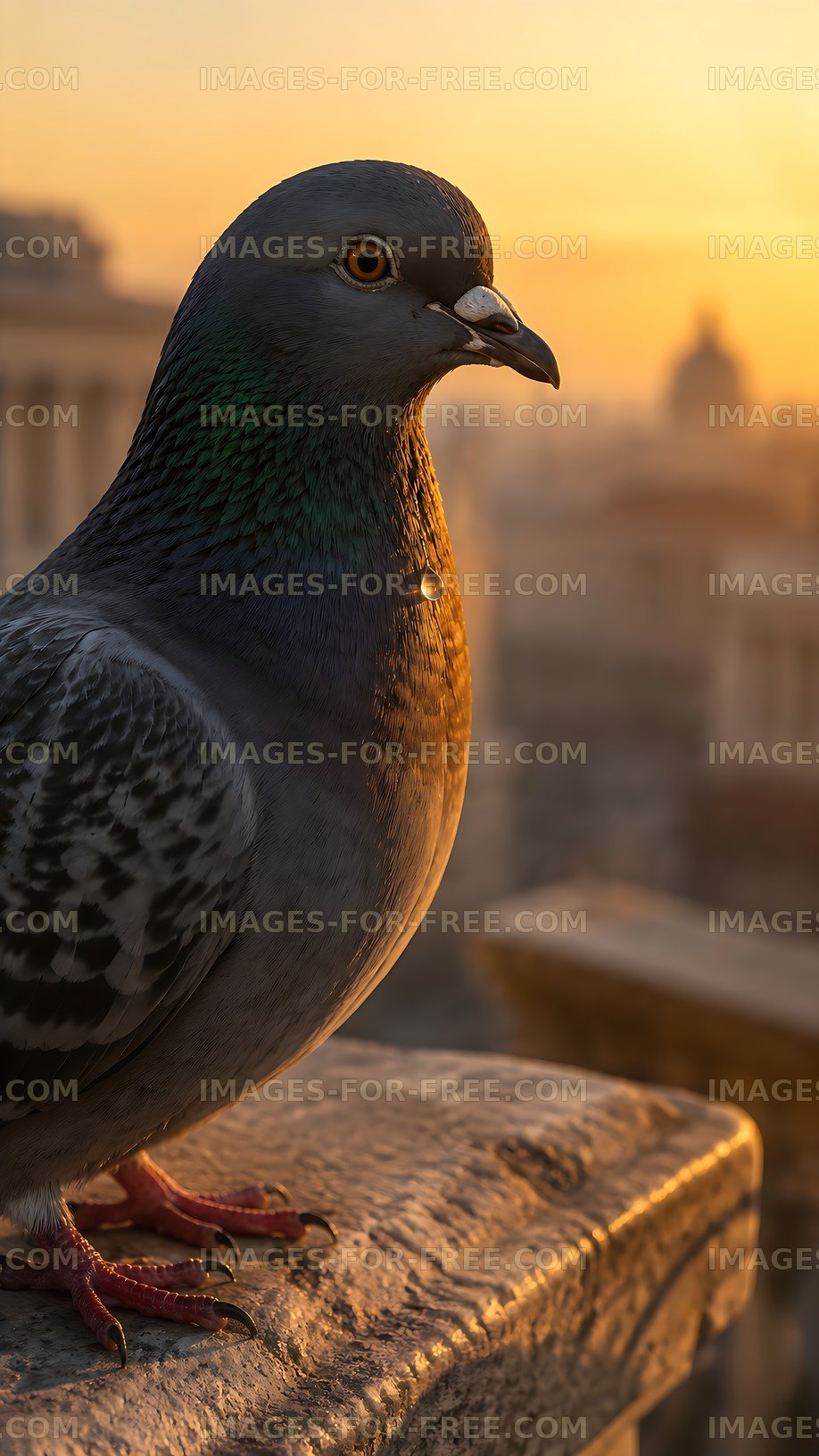 Pigeon standing on a ledge at sunset in a city