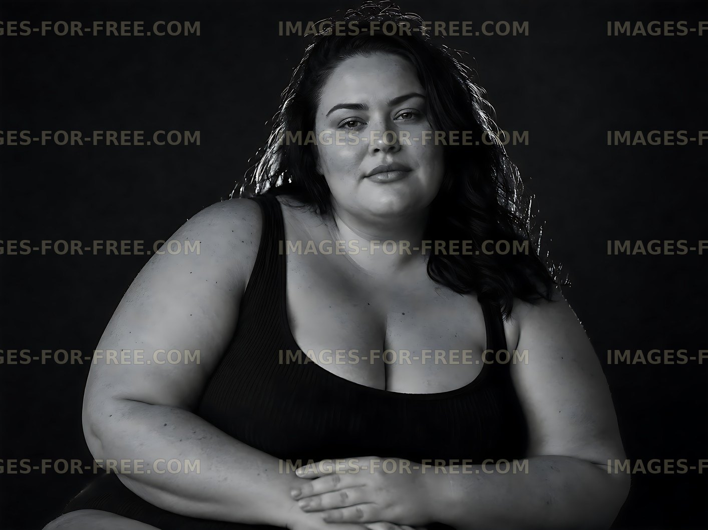 A woman sits calmly, wearing a black swimsuit