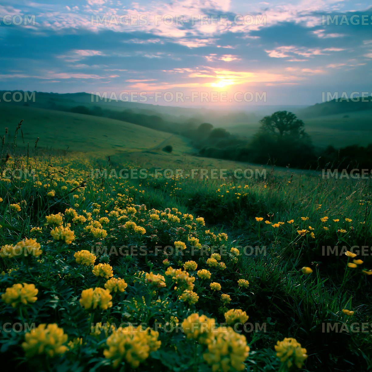 Sunrise over a field of yellow flowers in a rural landscape