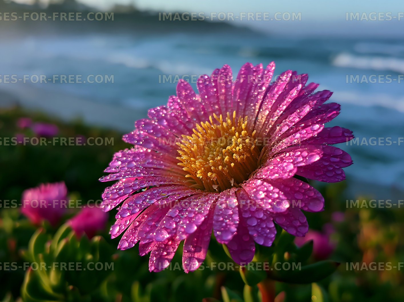 Close-up of pink flower with dew drops by the ocean