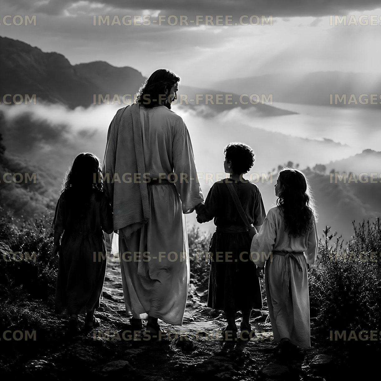 Walking together in the mountains with children