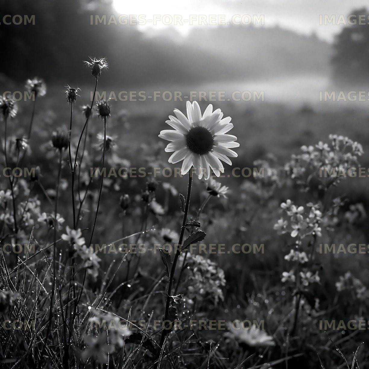 Flower in foggy field at dawn