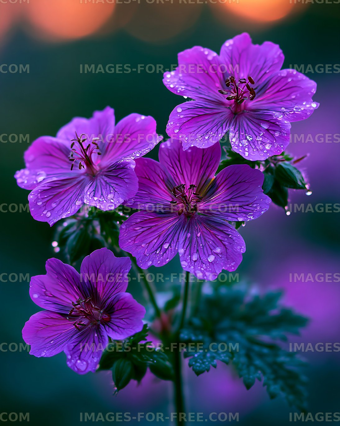 Purple flowers with water droplets in natural setting
