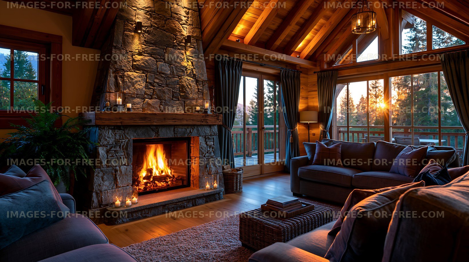 Warm interior of a cozy cabin with a fireplace