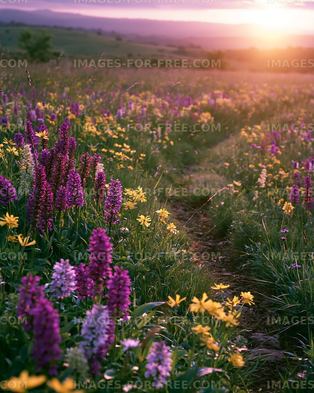 Wildflowers bloom in a vibrant field during sunset