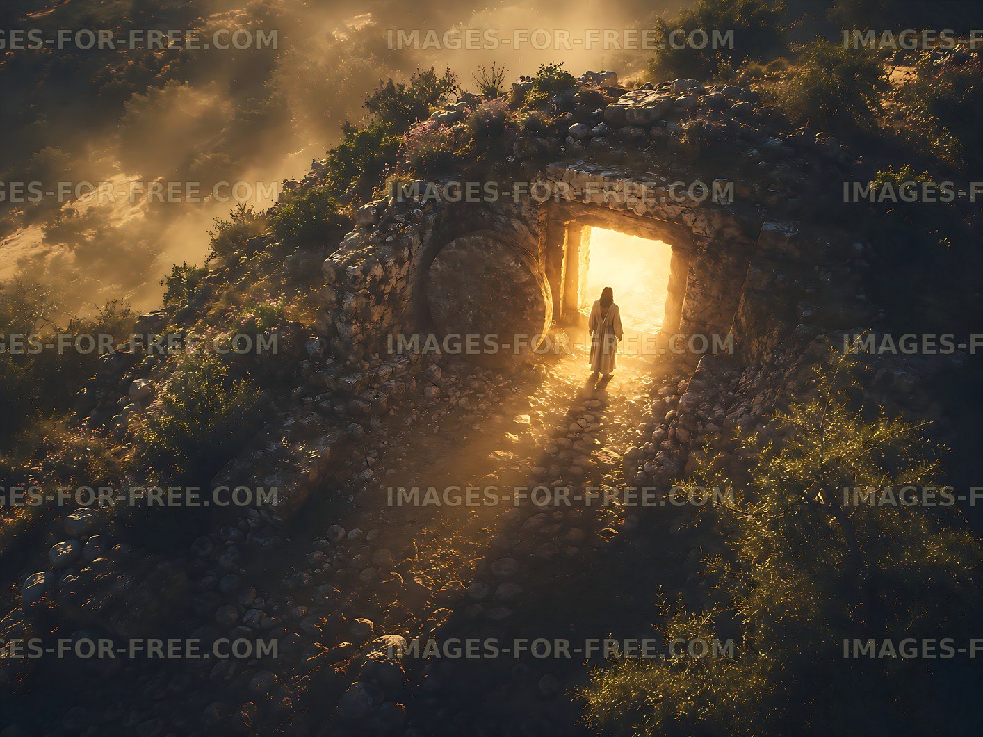 Person standing at a stone entrance in a misty landscape