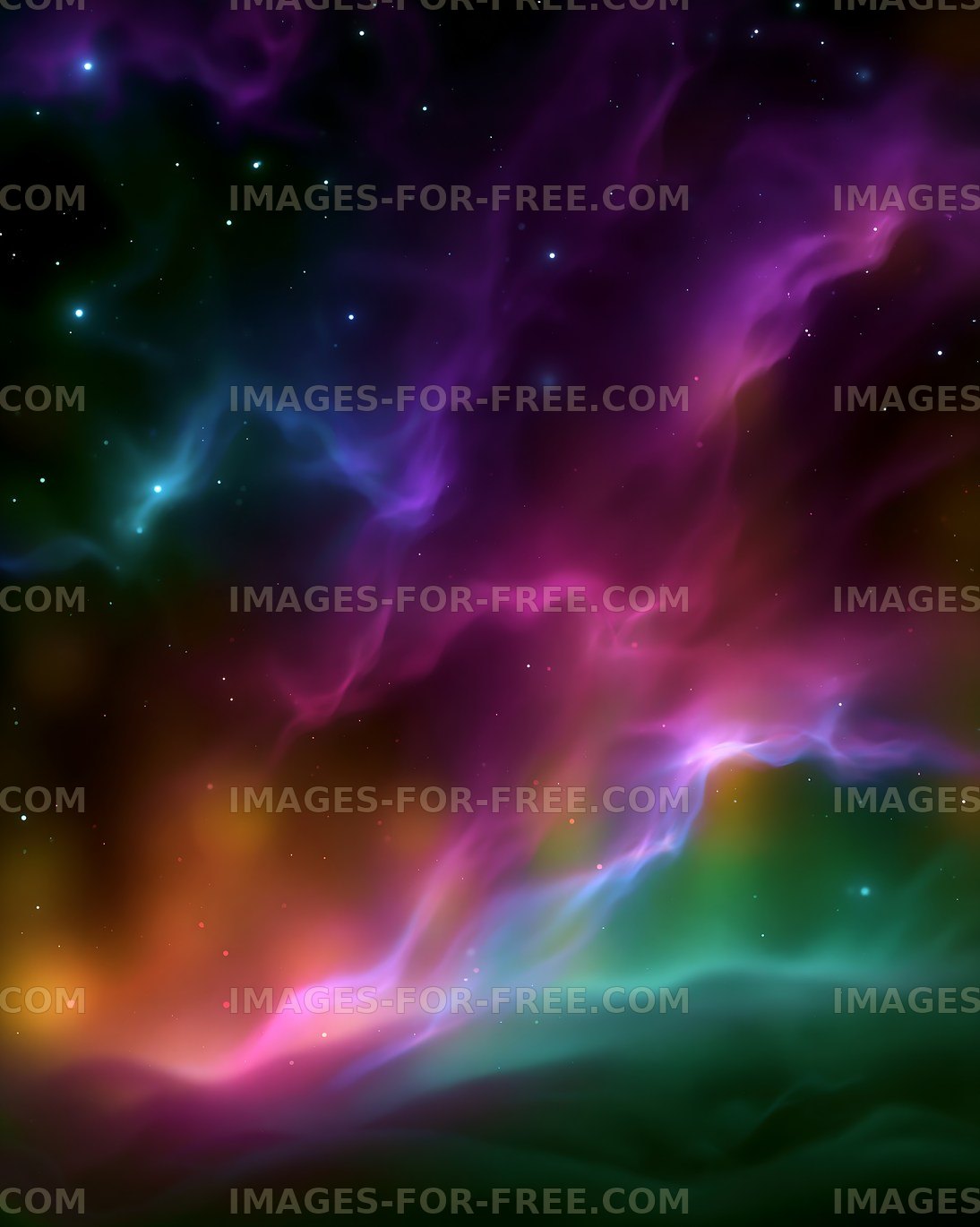 Vibrant colors swirl in a cosmic scene of clouds and stars