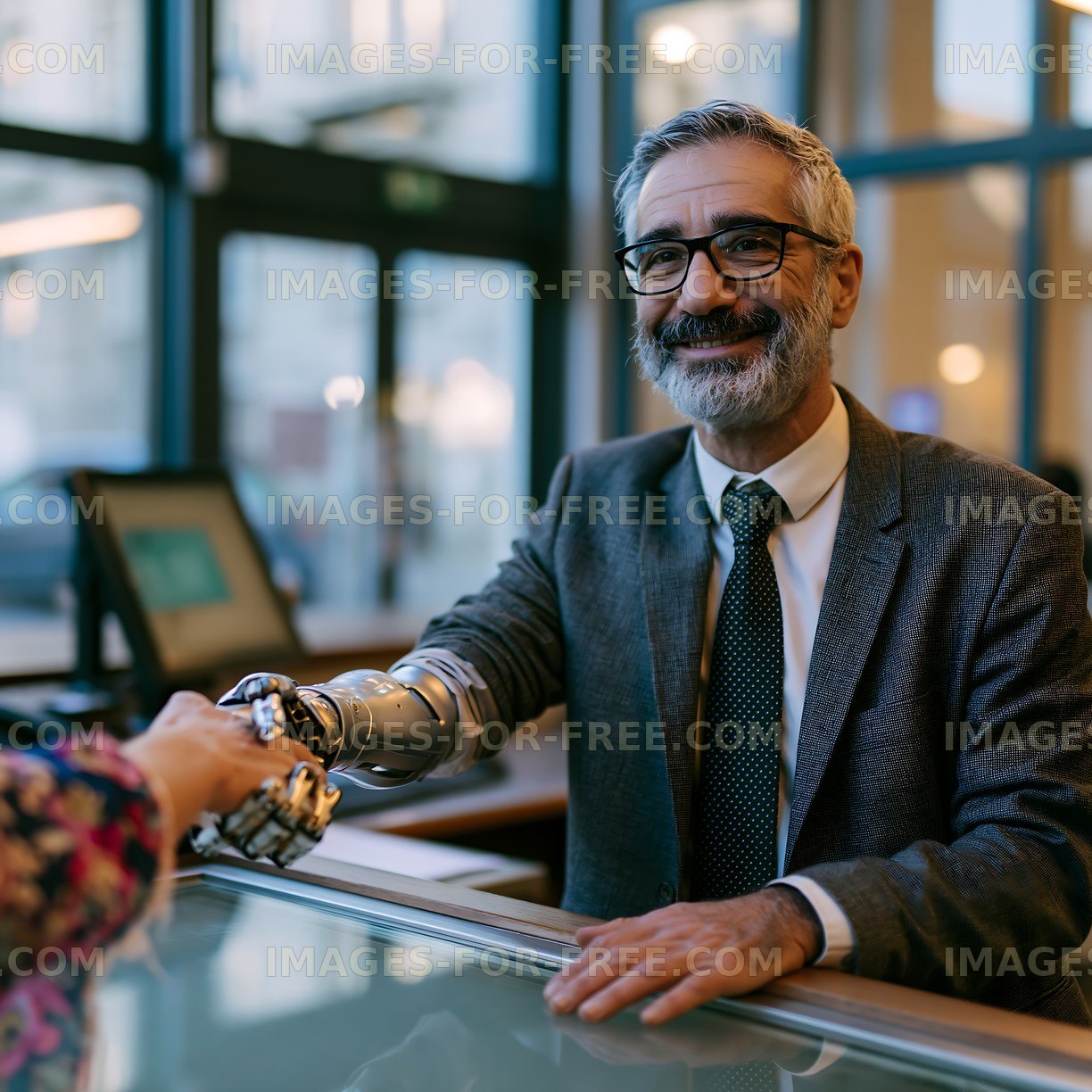 Man with prosthetic arm interacts with customer at service counter