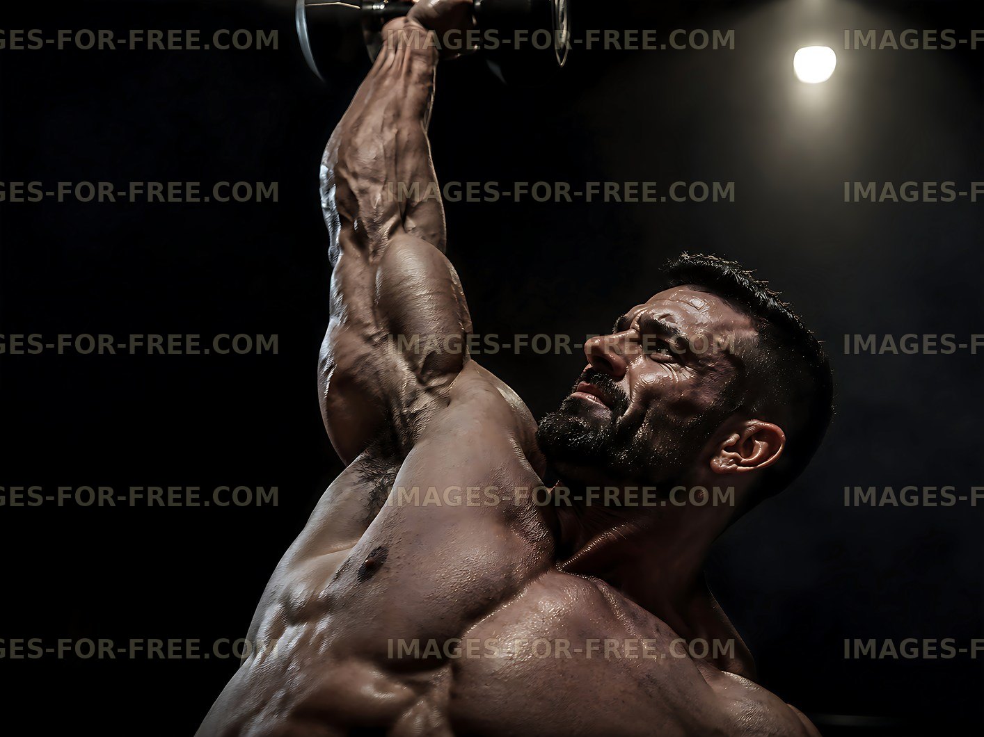 Muscular man lifting dumbbell in dark gym setting