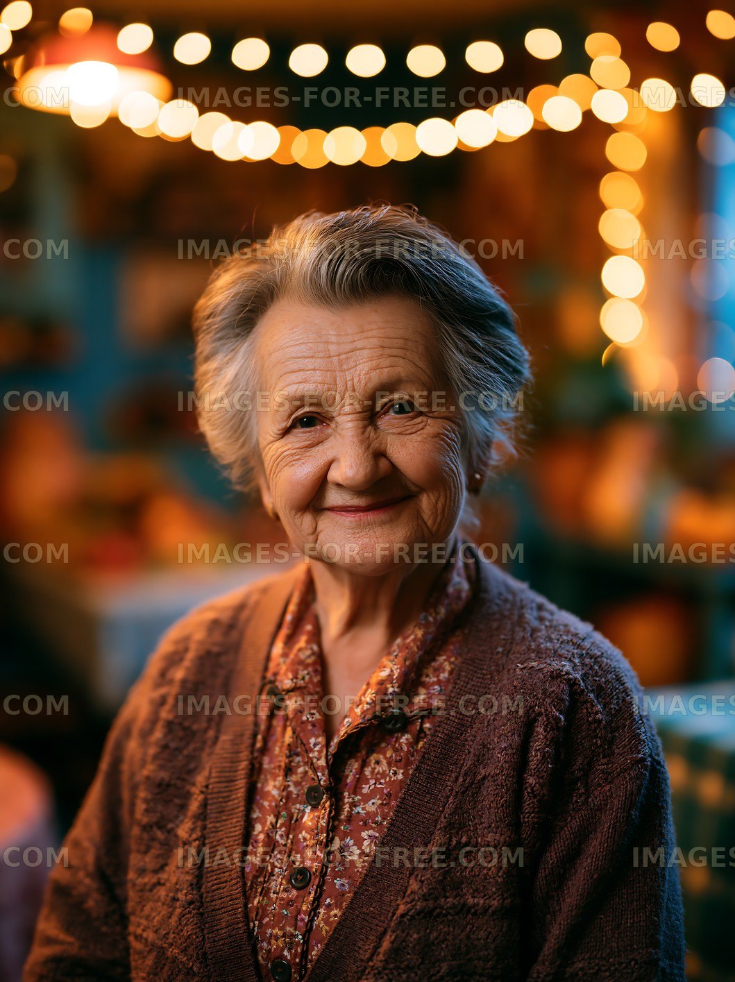 Elderly woman smiling in a cozy, warmly lit setting
