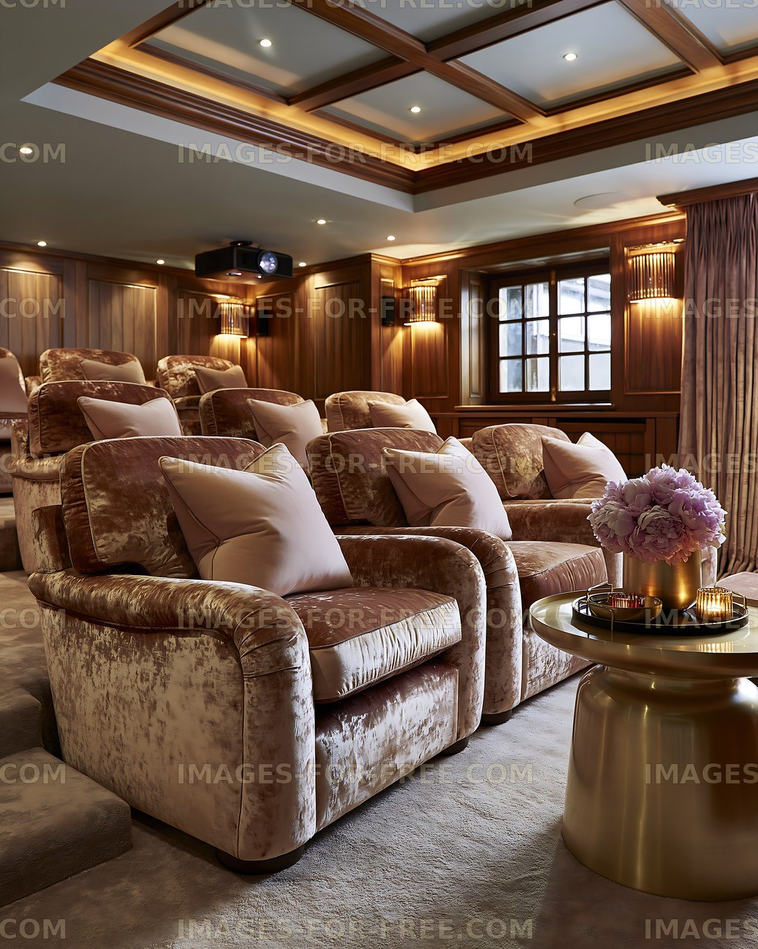 Luxury home theater with plush seating and warm lighting