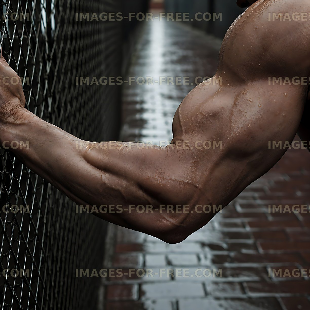 Muscular arm gripping a chain-link fence in a wet urban setting