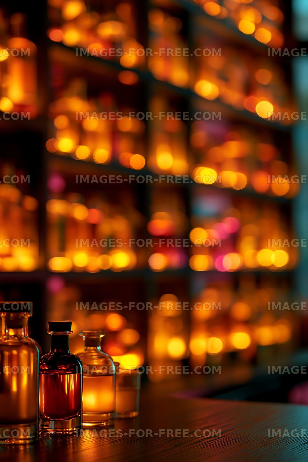 Warm light shines through glass bottles on a bar shelf
