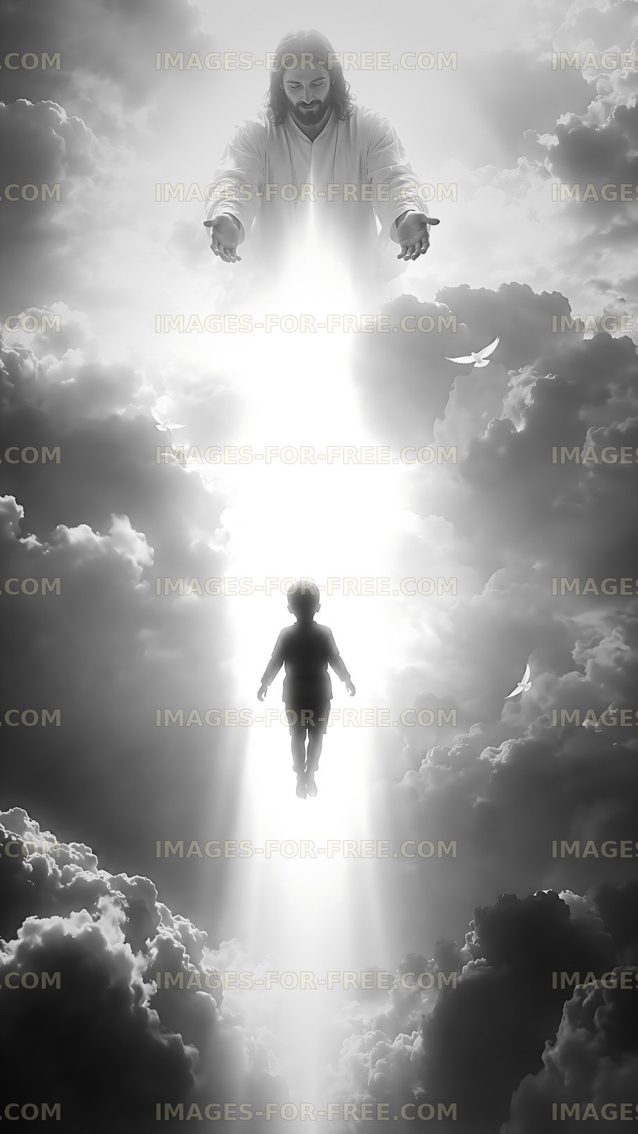 Child ascending towards a figure in the clouds