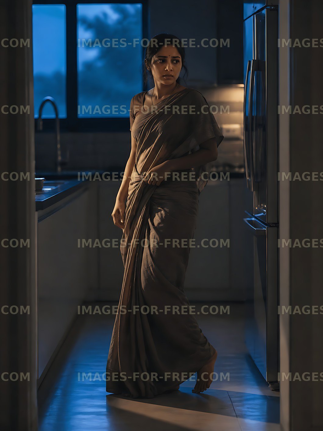 Woman in a sari walking through a dimly lit kitchen