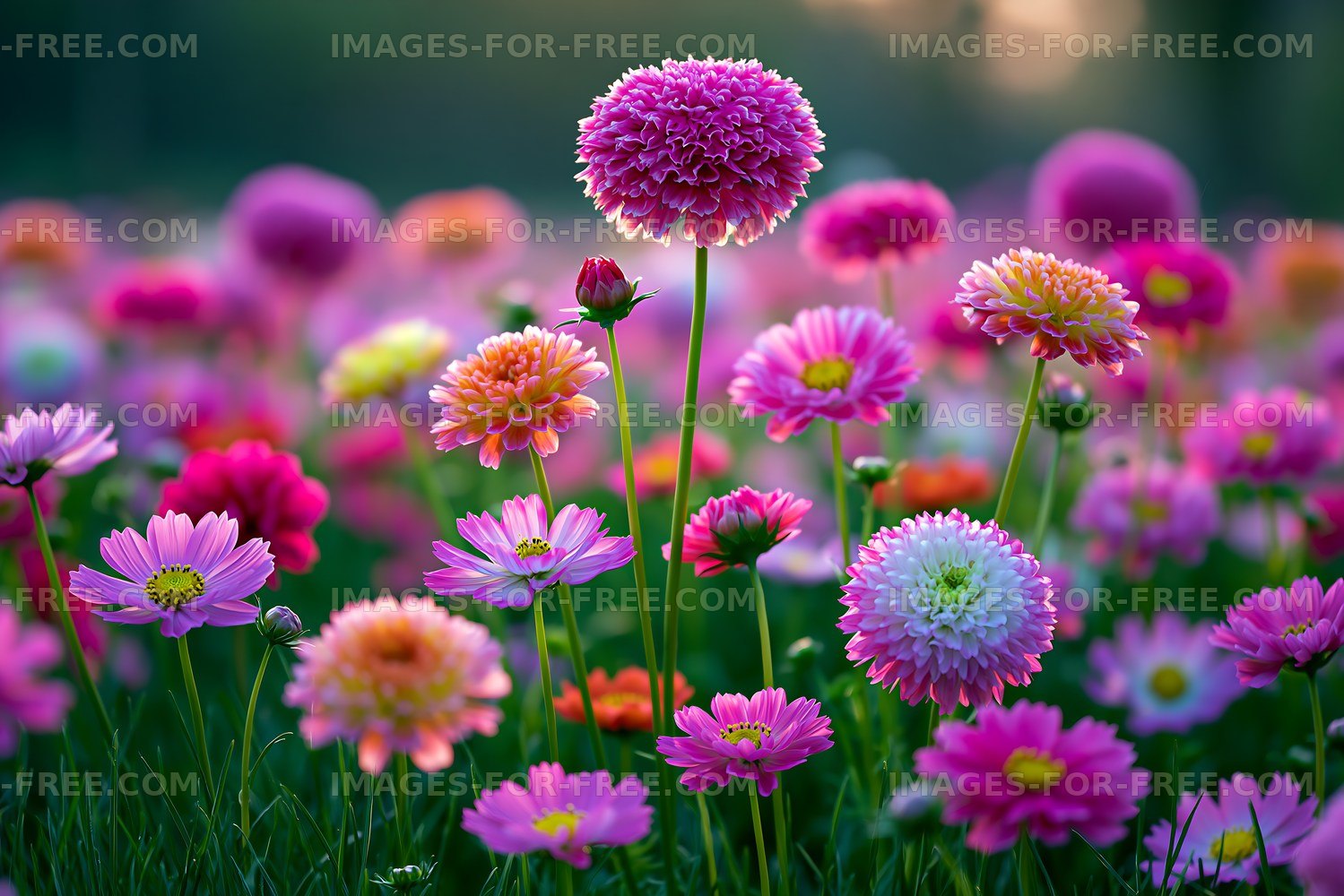 Colorful flowers blooming in a garden during sunset
