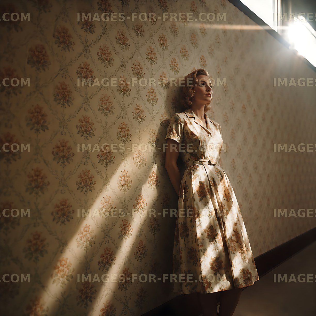 Woman in vintage dress stands against floral wallpaper