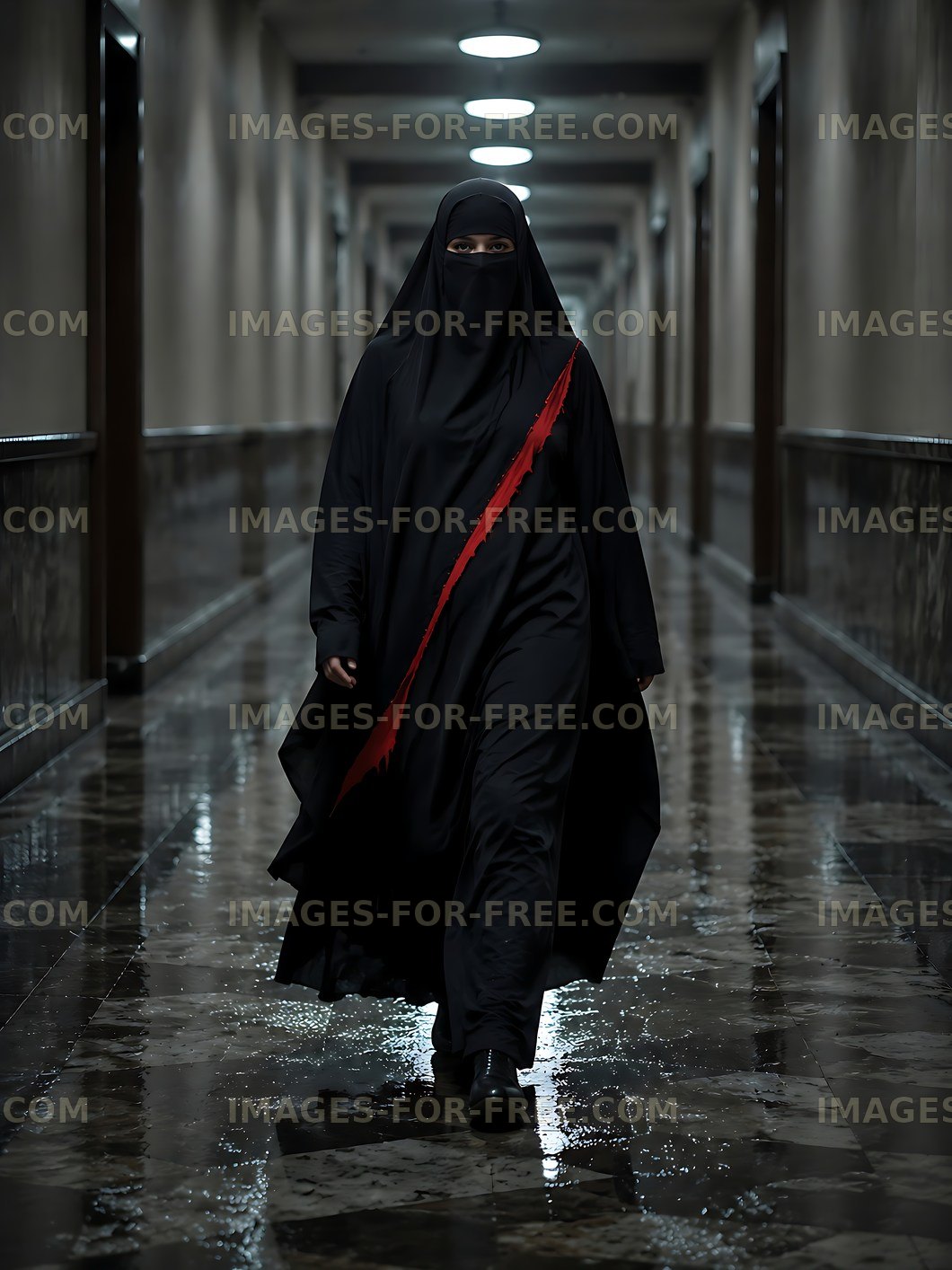 Woman in black attire walking through a hallway