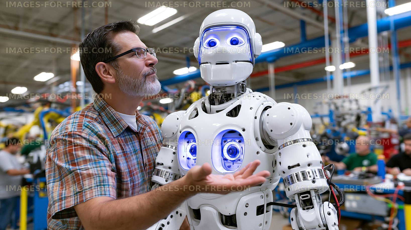Engineer interacts with humanoid robot in busy factory setting