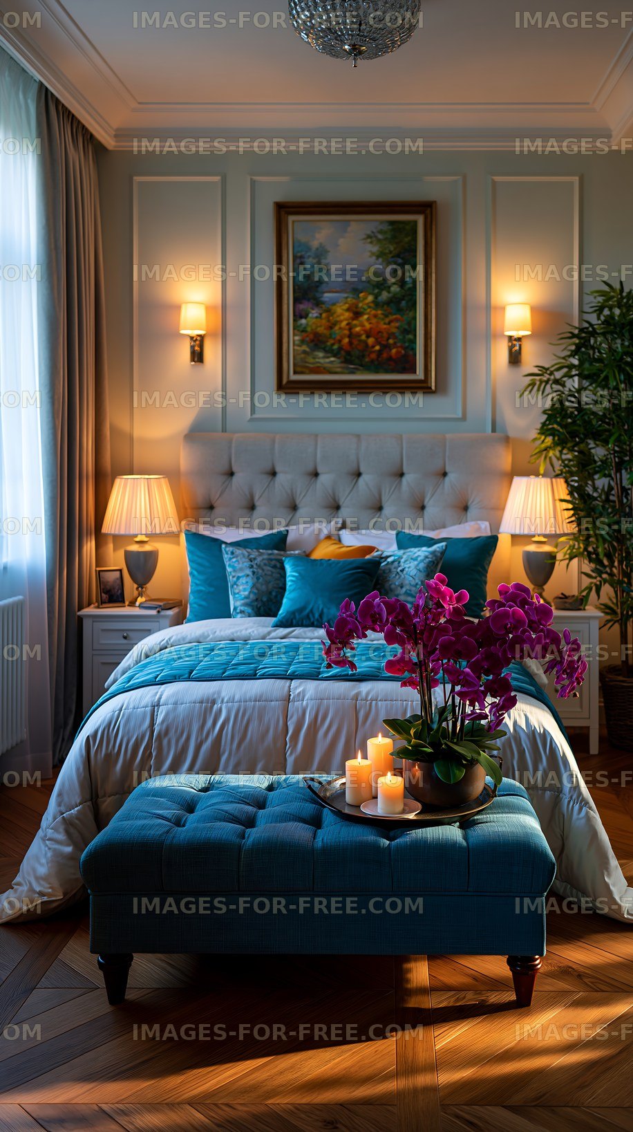 Cozy bedroom with blue bedding and warm lighting