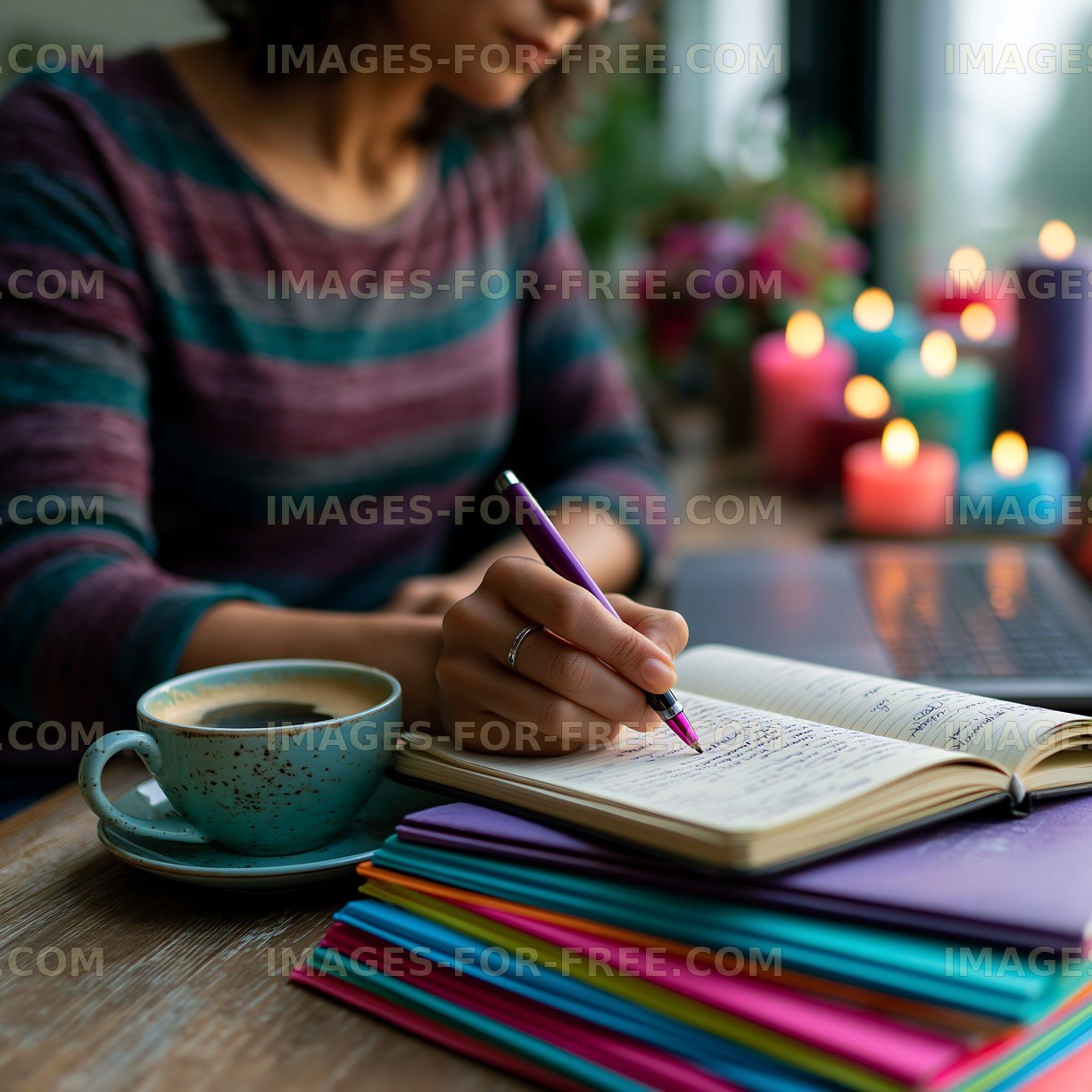 Person writing in a notebook with coffee and colorful papers