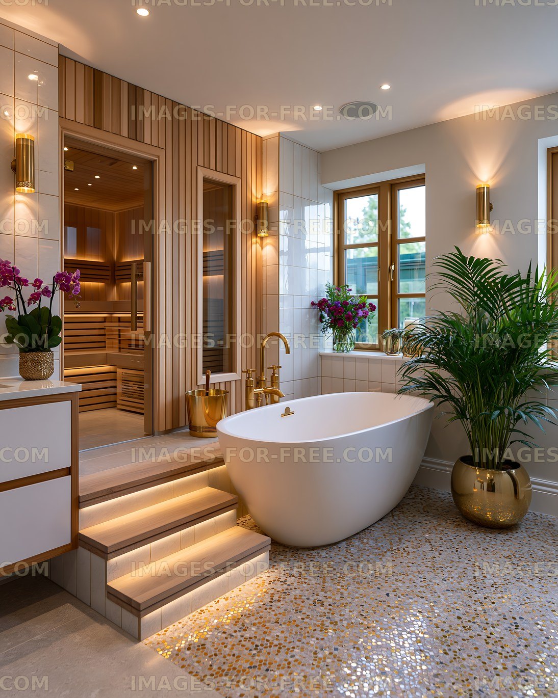 Luxurious bathroom with sauna and modern bathtub