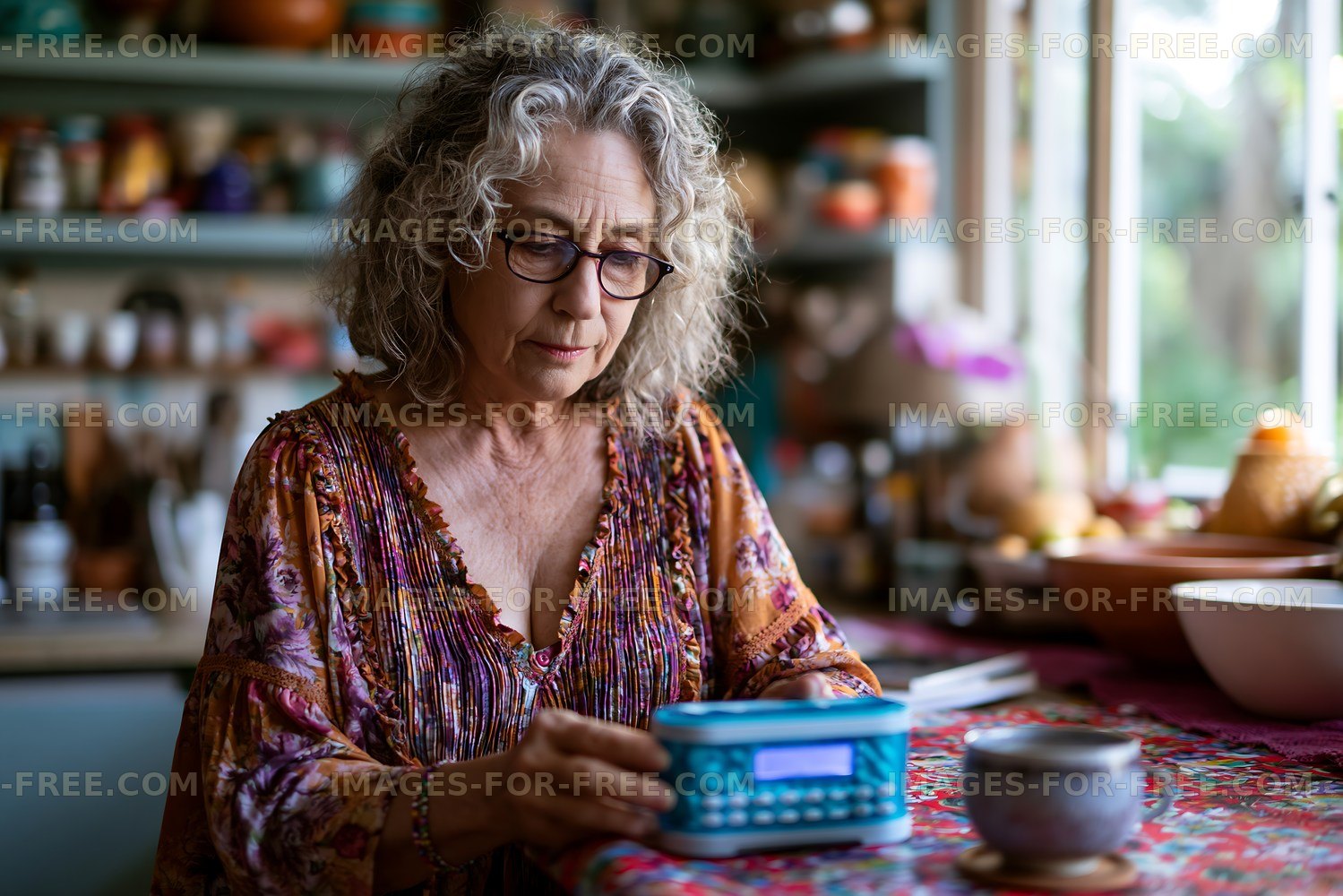 Woman using a calculator in a kitchen setting