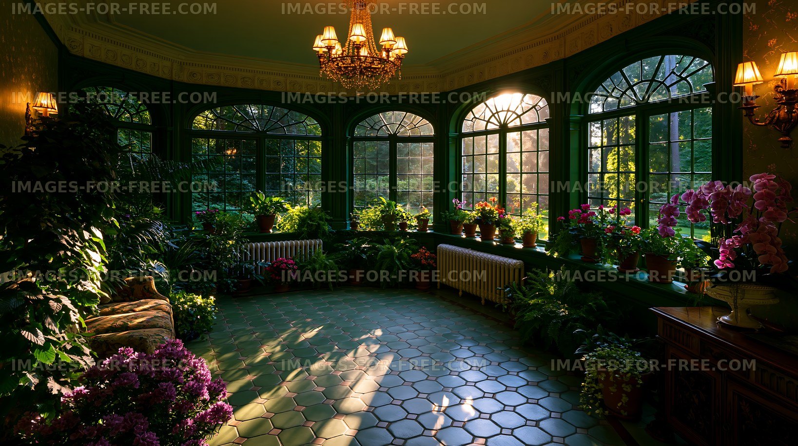 Sunlight streaming through the windows of a greenhouse
