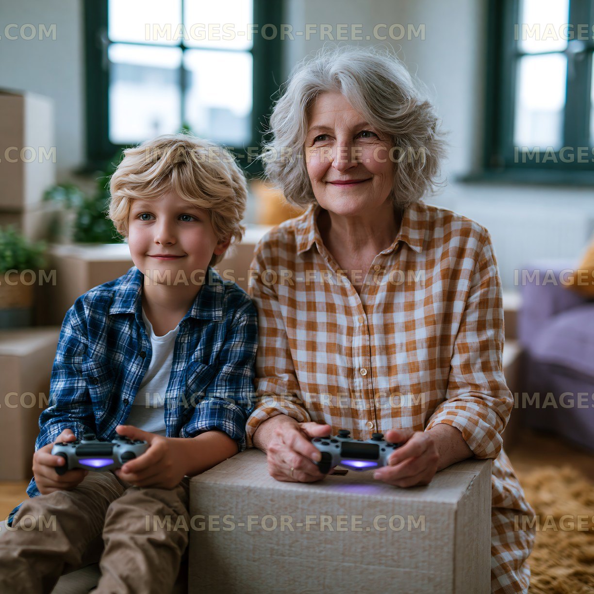 Senior woman and child playing video games at home
