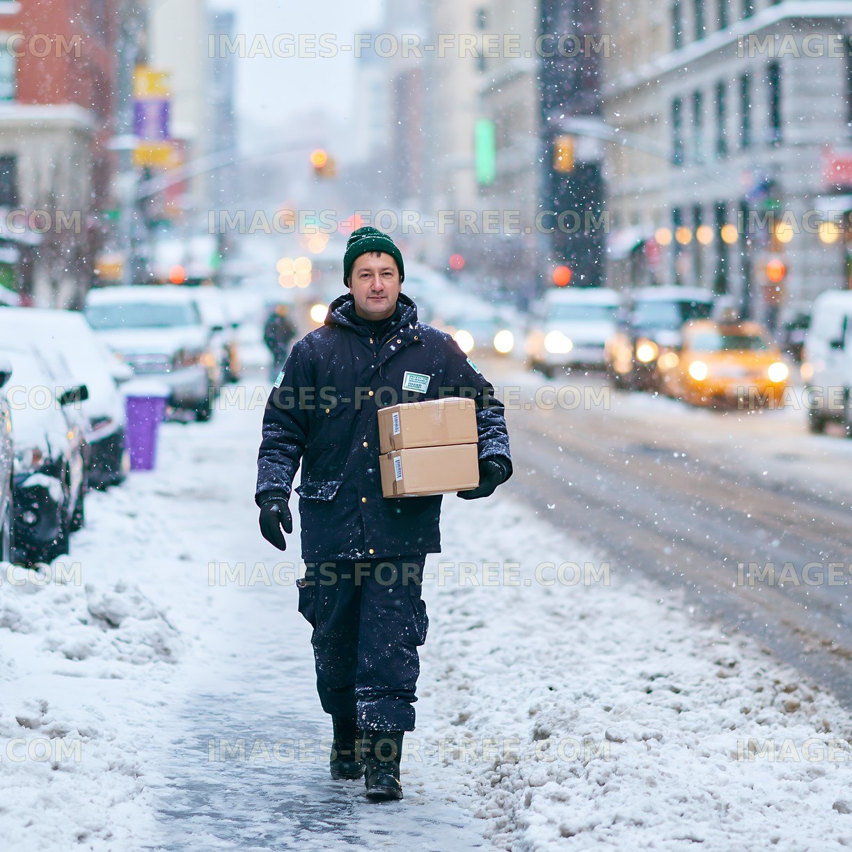 Delivery worker walking on snowy city street