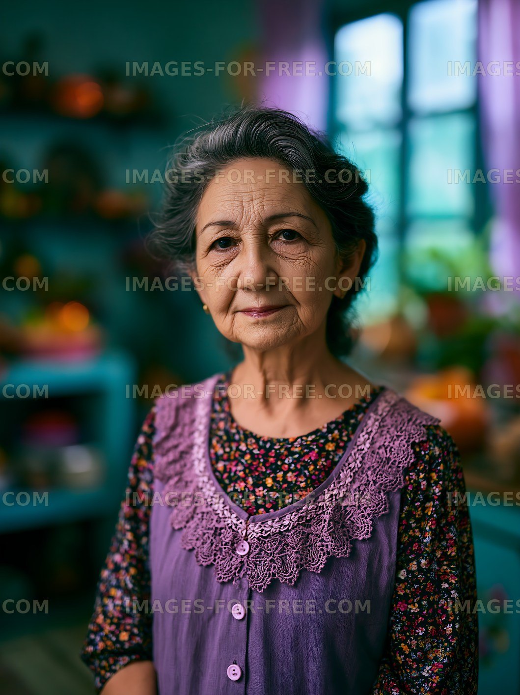 Portrait of an elderly woman in a brightly colored room