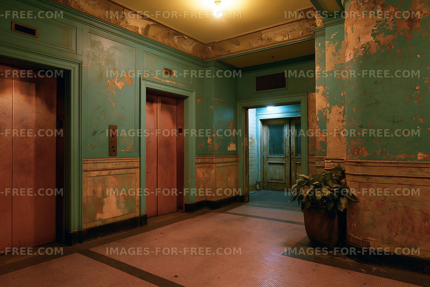 Old urban hallway with vintage elevators and peeling paint