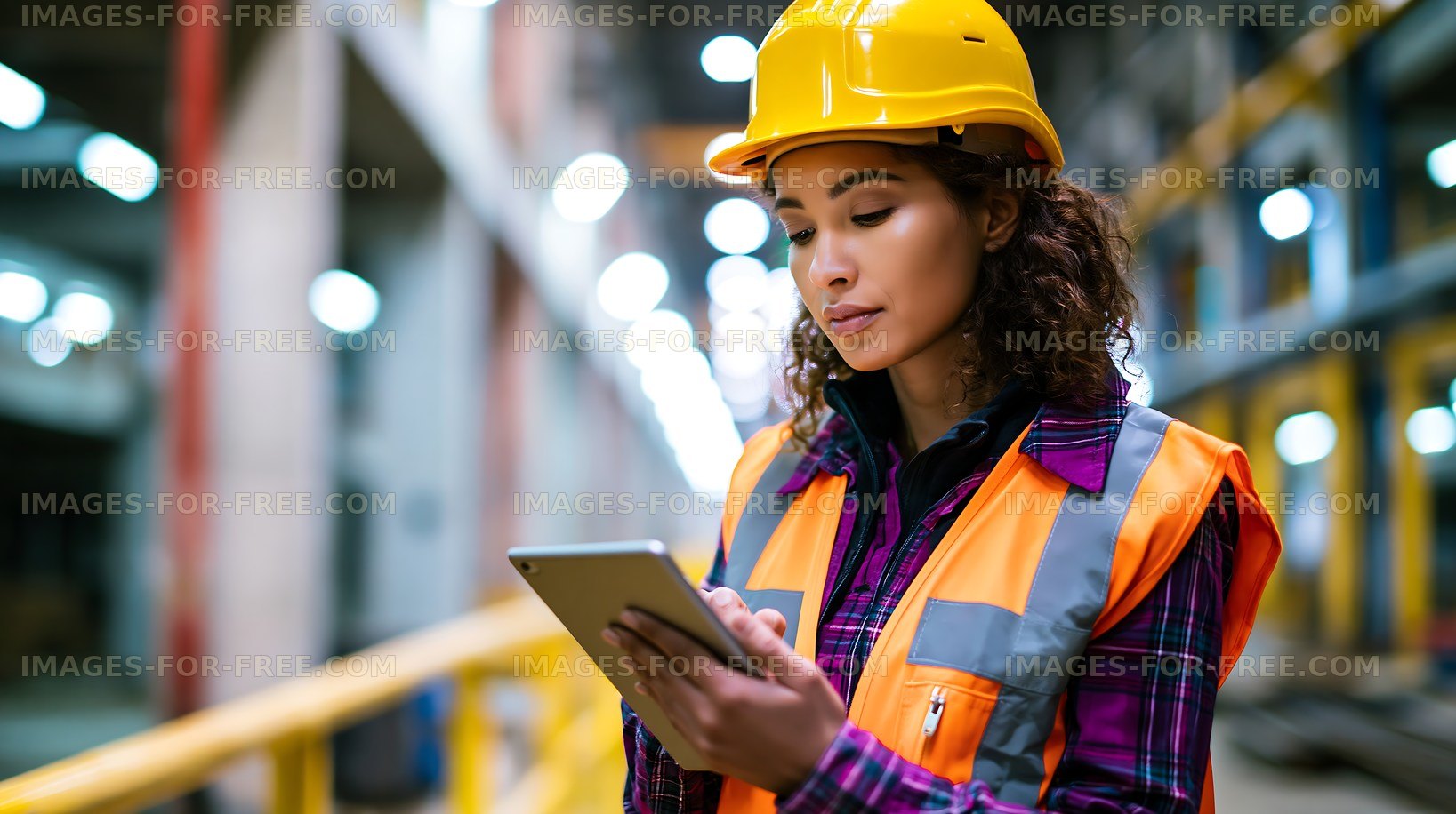 Worker in safety gear using tablet in industrial setting