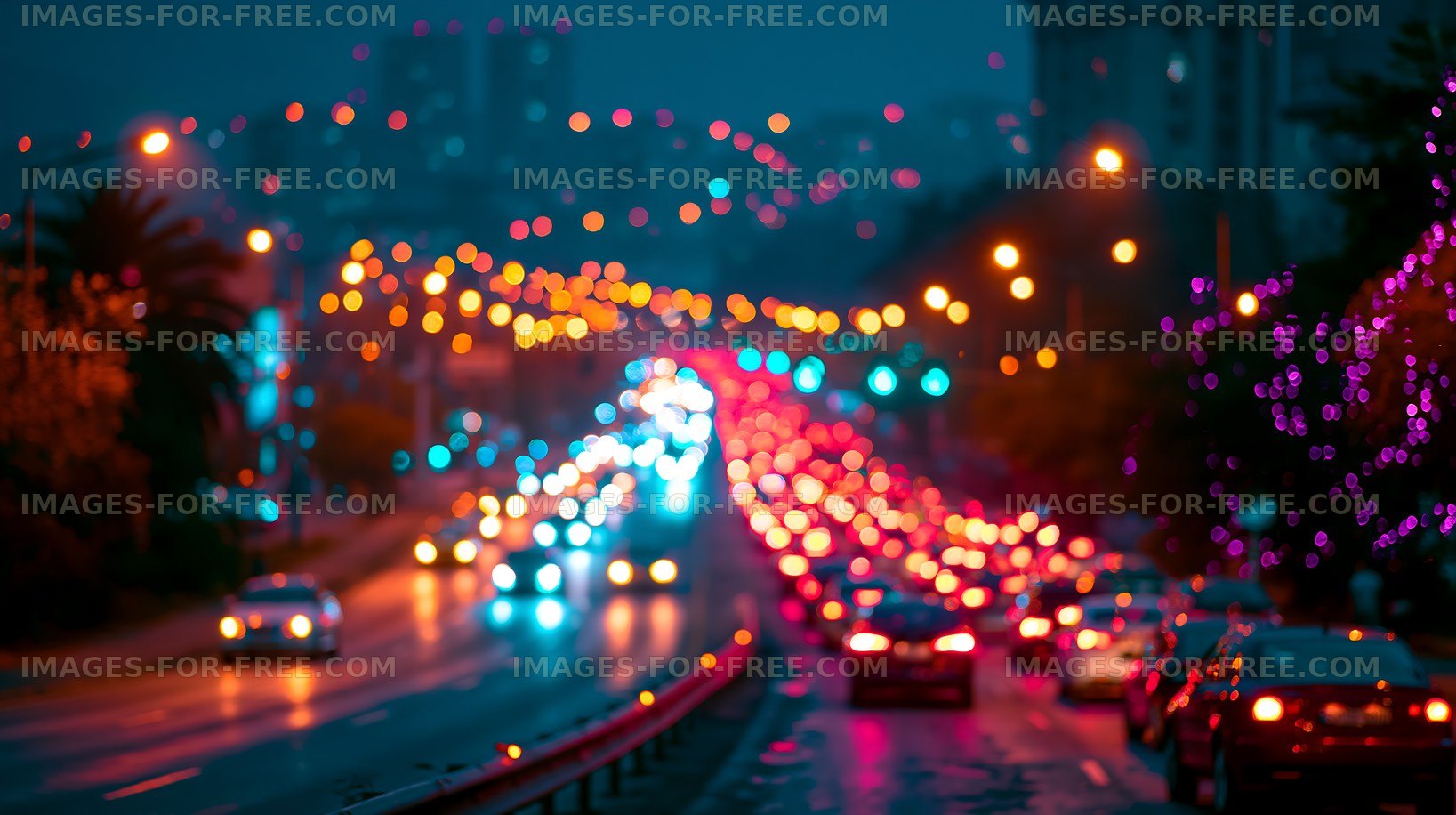 City street at night with traffic lights and blurred cars