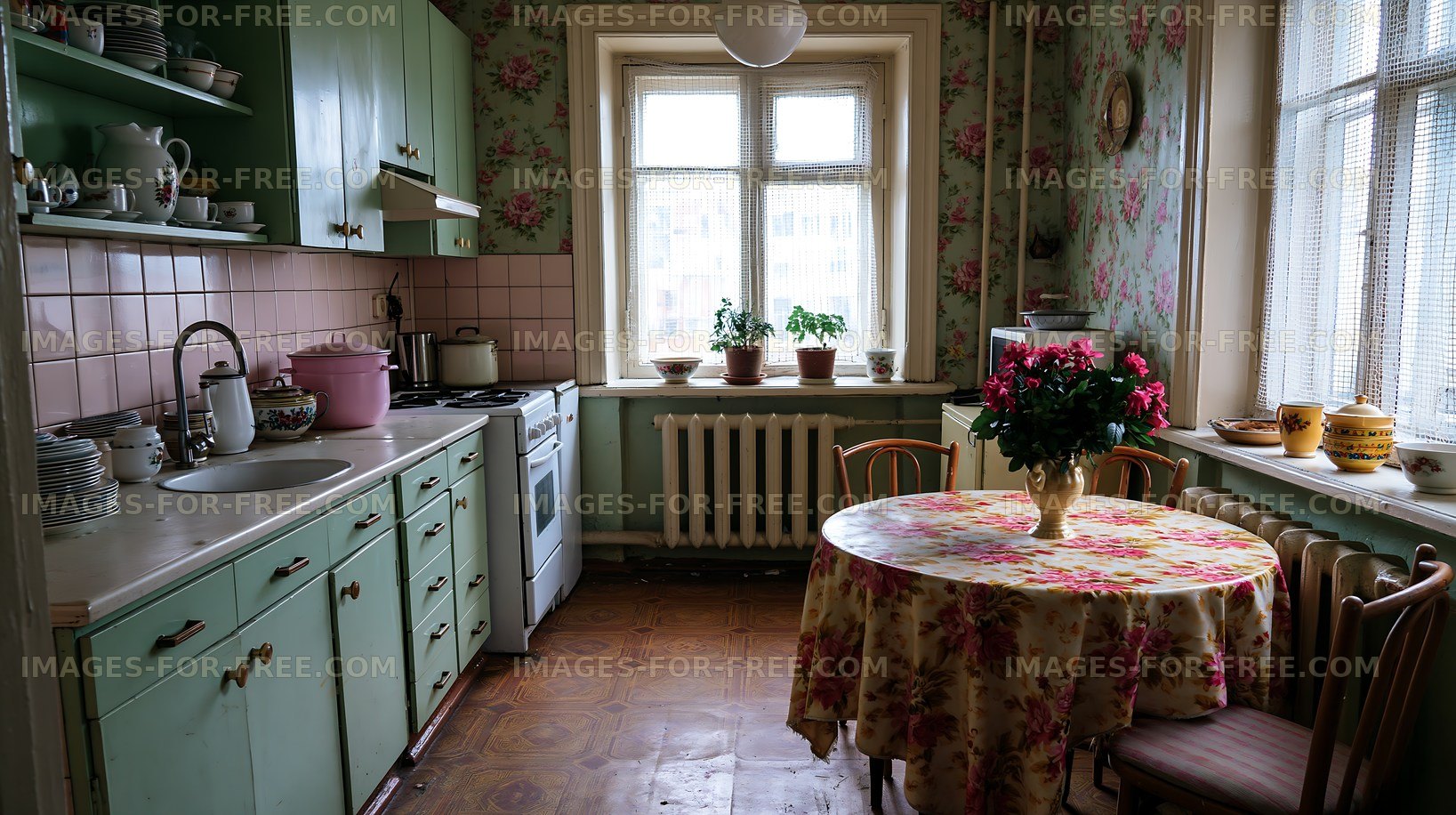 Cozy kitchen with floral decor and natural light
