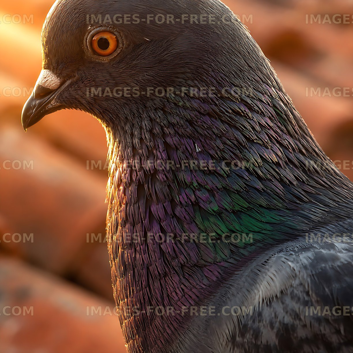 Pigeon standing on a rooftop at sunset