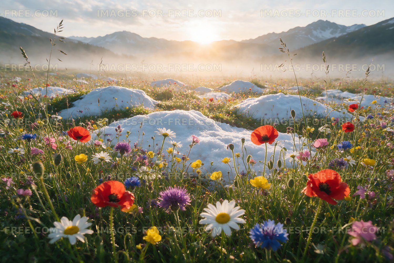 Vibrant wildflowers bloom near snow patches at sunrise
