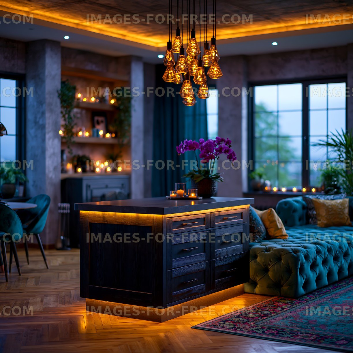 Cozy living room interior with a modern kitchen island