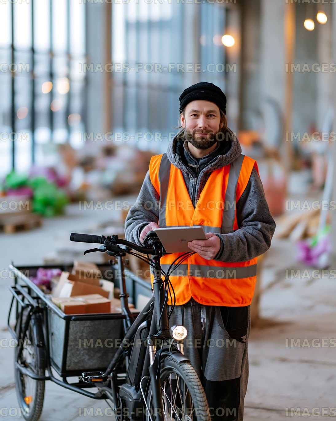 Delivery worker in orange vest with bicycle indoors