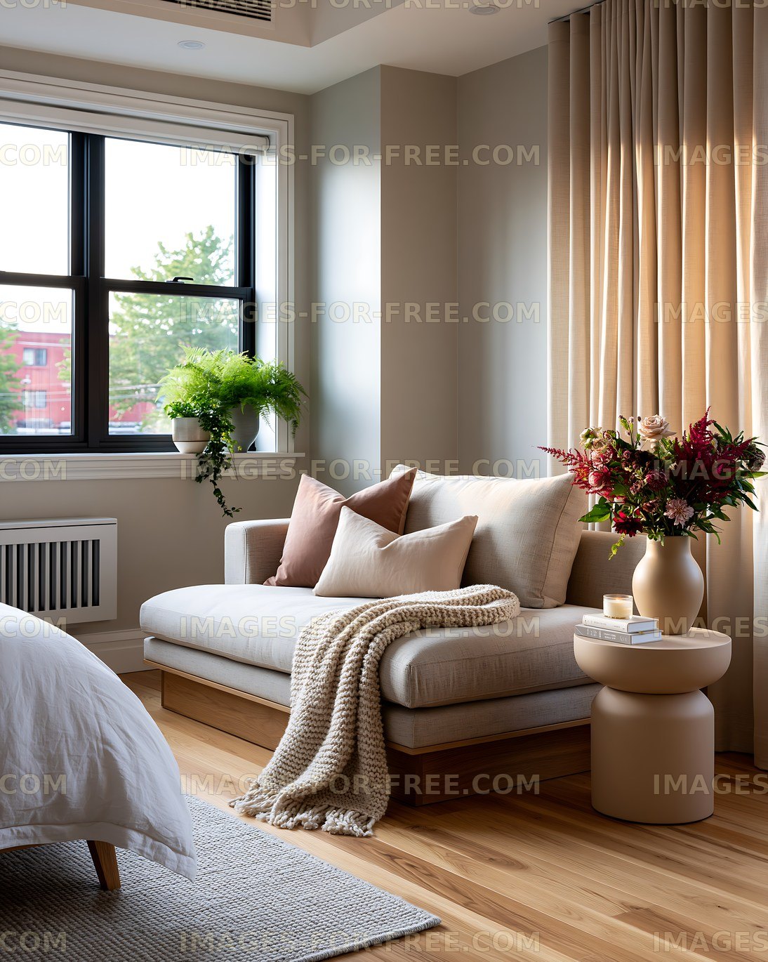 Cozy living room corner with plants and decorative flowers