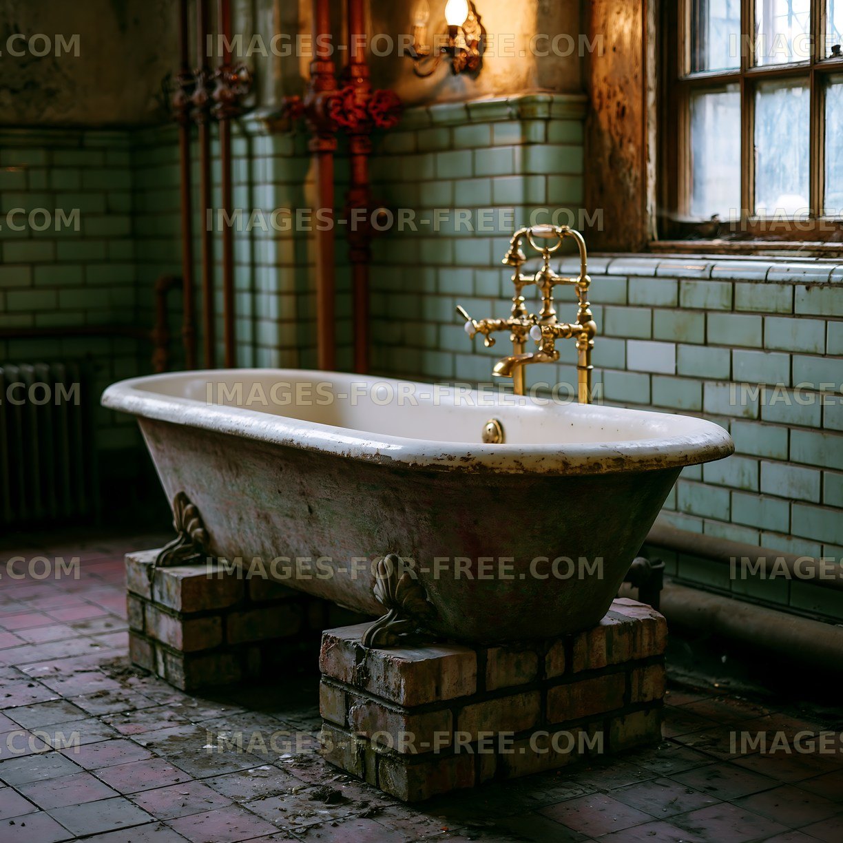 Old bathtub in an abandoned room with peeling walls