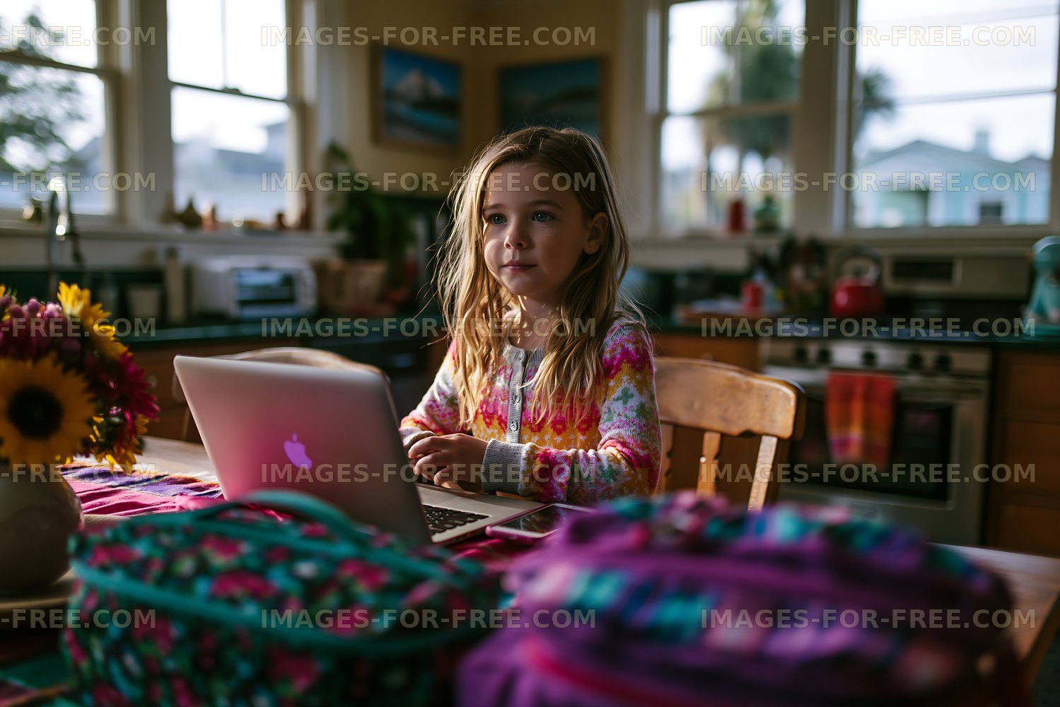 Child using laptop in colorful kitchen during afternoon